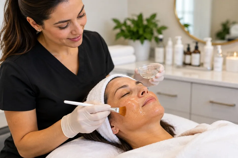 Esthetician applying a chemical peel to help reduce sun damage and facial pigmentation.