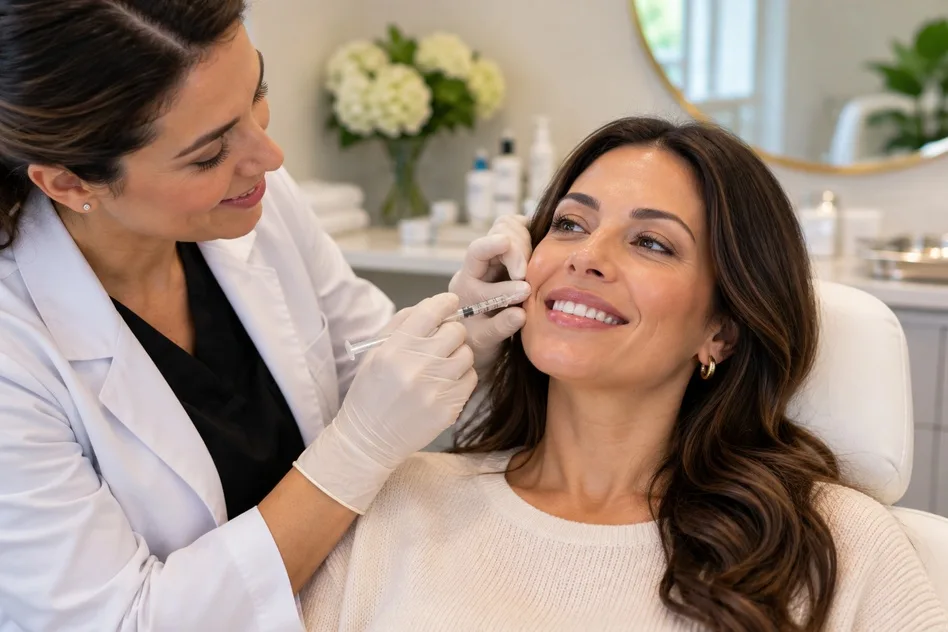 Aesthetic provider using small Botox injections to soften a gummy smile and downturned mouth corners.